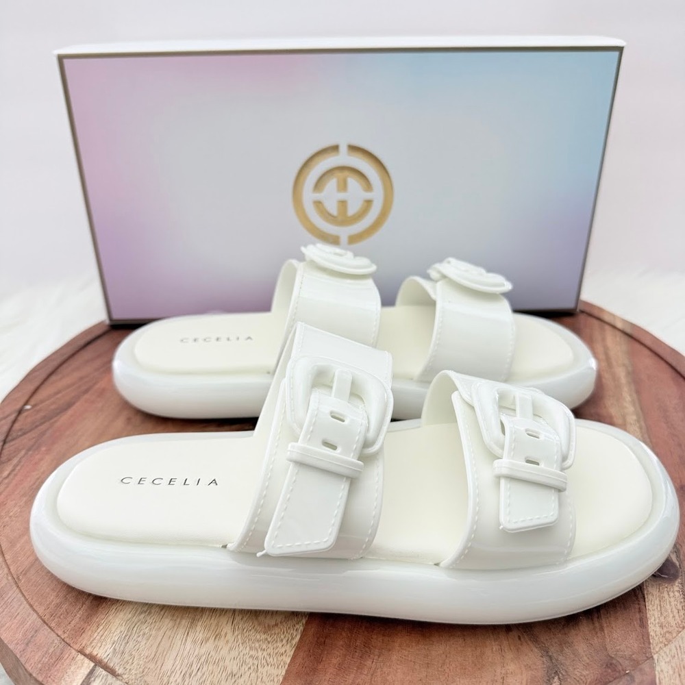 Cecelia New York Jump Alabaster Sz 7 White Glossy Platform Slide Sandals‎ NWB